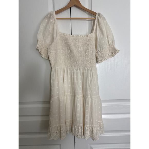 American Eagle Outfitters Dresses & Skirts - American Eagle Size L Ivory Smocked Eyelet Mini Dress Cottagecore Puff Sleeve